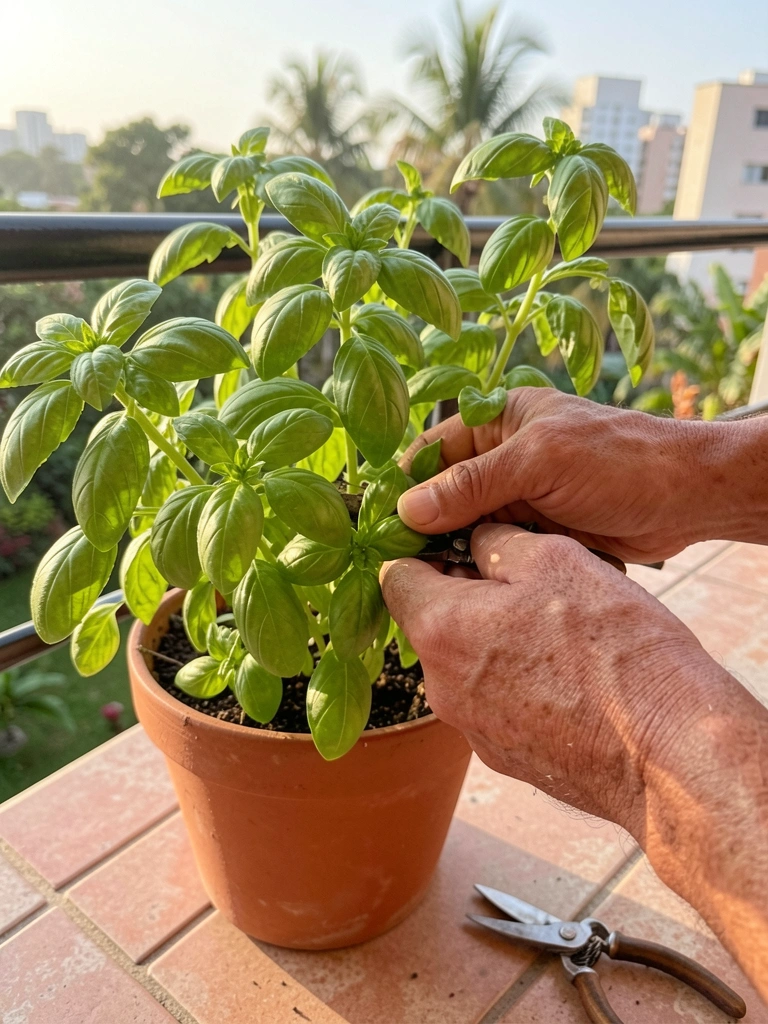 Mão podando manjericão verde em vaso de terracota, tesoura ao lado, luz natural e fundo desfocado com jardim tropical.