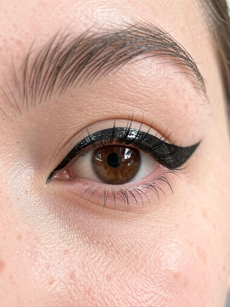 Close-up de olhos castanhos com delineado preto glossy e ponta precisa, cílios visíveis e iluminação suave.