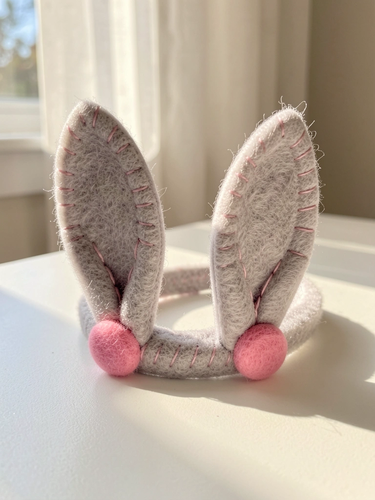 Orelhas de coelho de feltro cinza claro com costura rosa detalhada, sobre superfície branca, iluminadas por luz natural que projeta sombras suaves.