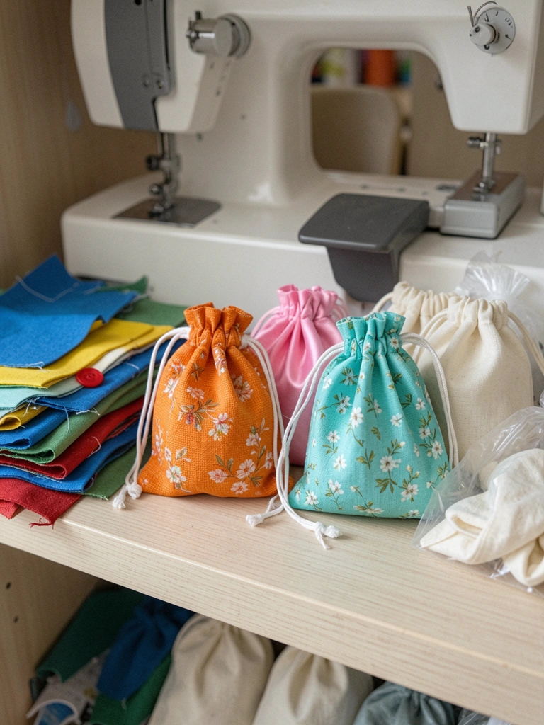Prateleira de armário com sacos de algodão cru ao lado de sacos plásticos transparentes.