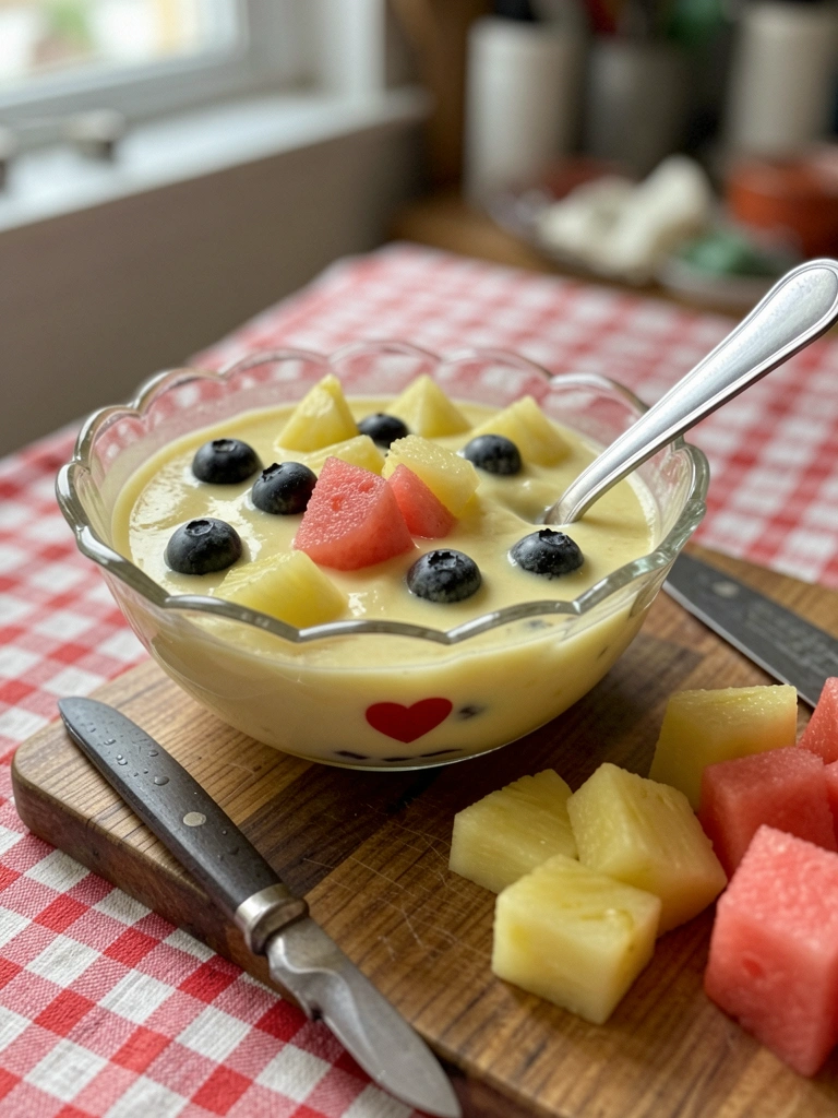 Mesa de madeira com frutas cortadas, tábua, faca e tigela de vidro transparente