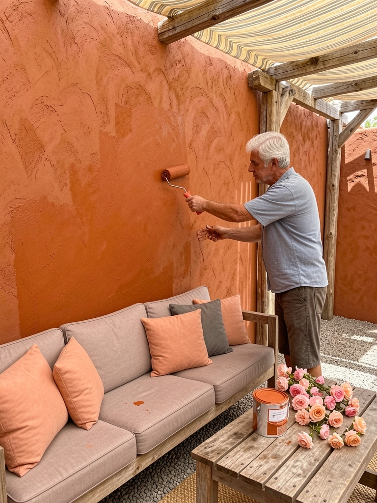 Homem de cabelos grisalhos aplica tinta terracota em parede de barro texturizada com rolo, ao lado de sofá externo e vasos de flores sob toldo listrado.