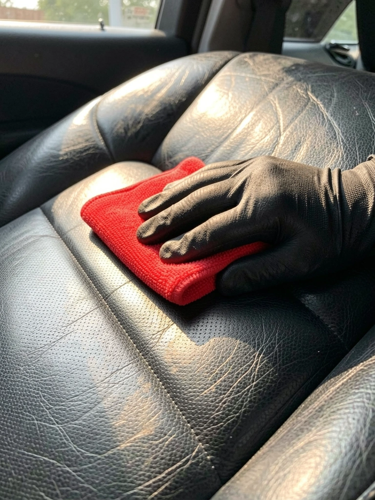 Luva preta limpando banco de couro preto com pano microfibra vermelho, reflexo de luz natural no couro polido.