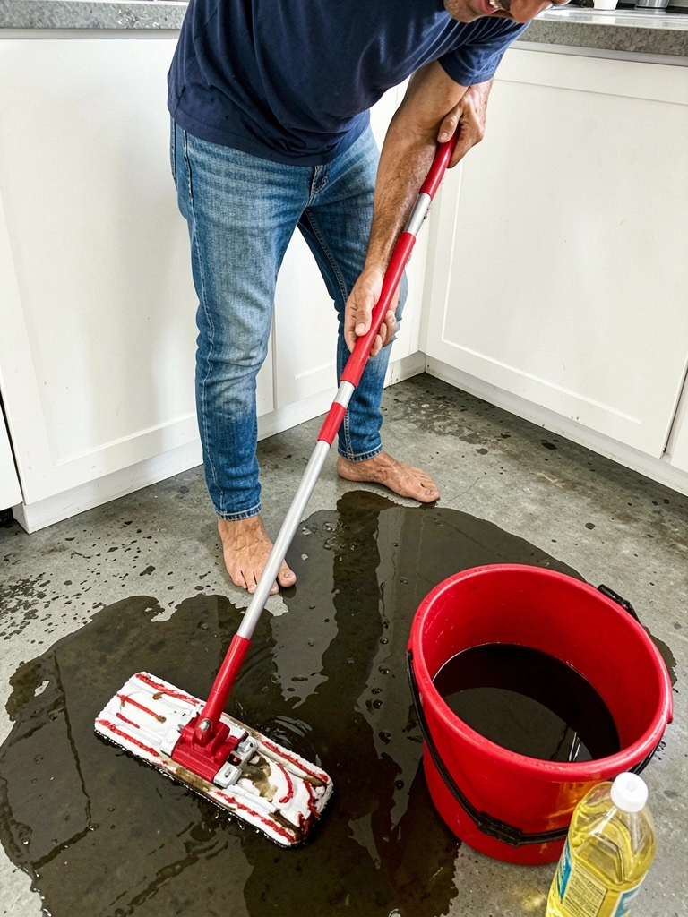 Piso de porcelanato cinza-claro com rejunte fino, reflexo suave e uma faixa de luz vinda da janela à direita.