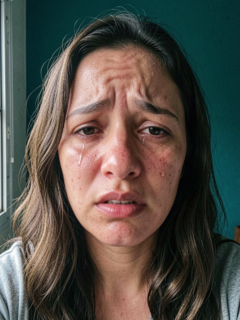 Lágrimas escorrendo pelo rosto de uma pessoa com expressão emocional.