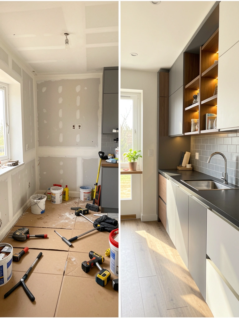 Luz natural incide sobre cozinha dividida: lado esquerdo com drywall exposto e ferramentas no chão; lado direito com armários cinza, bancada escura e prateleiras iluminadas.