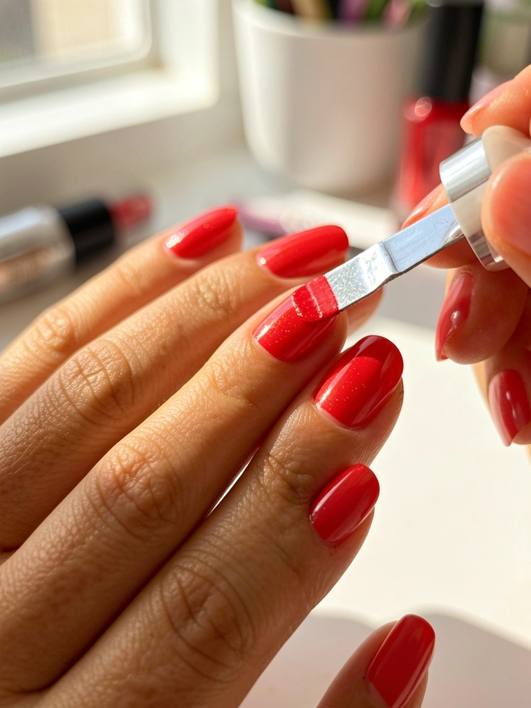 Mãos femininas aplicando esmalte vermelho brilhante com espátula, luz natural, fundo desfocado.