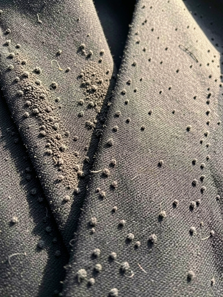 Close extremo de paletó preto com bolinhas escuras concentradas nas costuras e lapelas, textura de lã visível com luz natural suave.