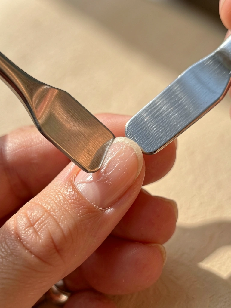 Duas espátulas de aço inoxidável alisando a cutícula de uma unha natural com textura e brilho sutil, luz solar difusa e fundo bege neutro.