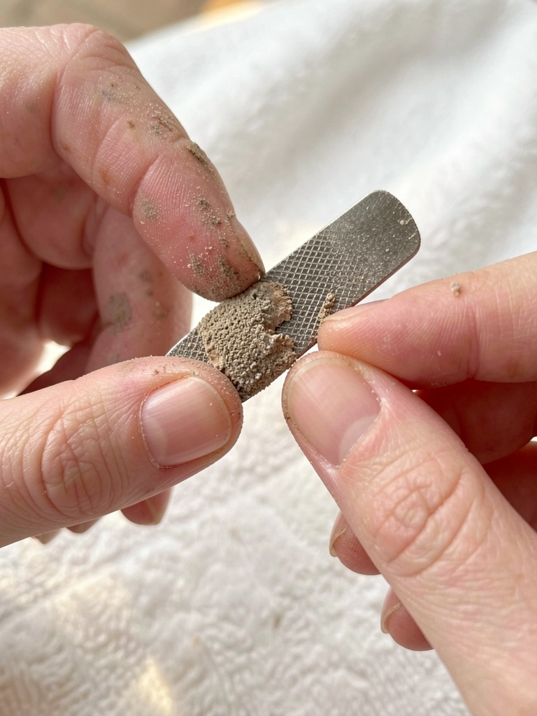 Close-up de mãos pálidas com cutículas secas e linhas finas; uma segura uma lixa metálica sobre a superfície granular da unha com esmalte descascado, luz natural suave e fundo desfocado de toalha branca.