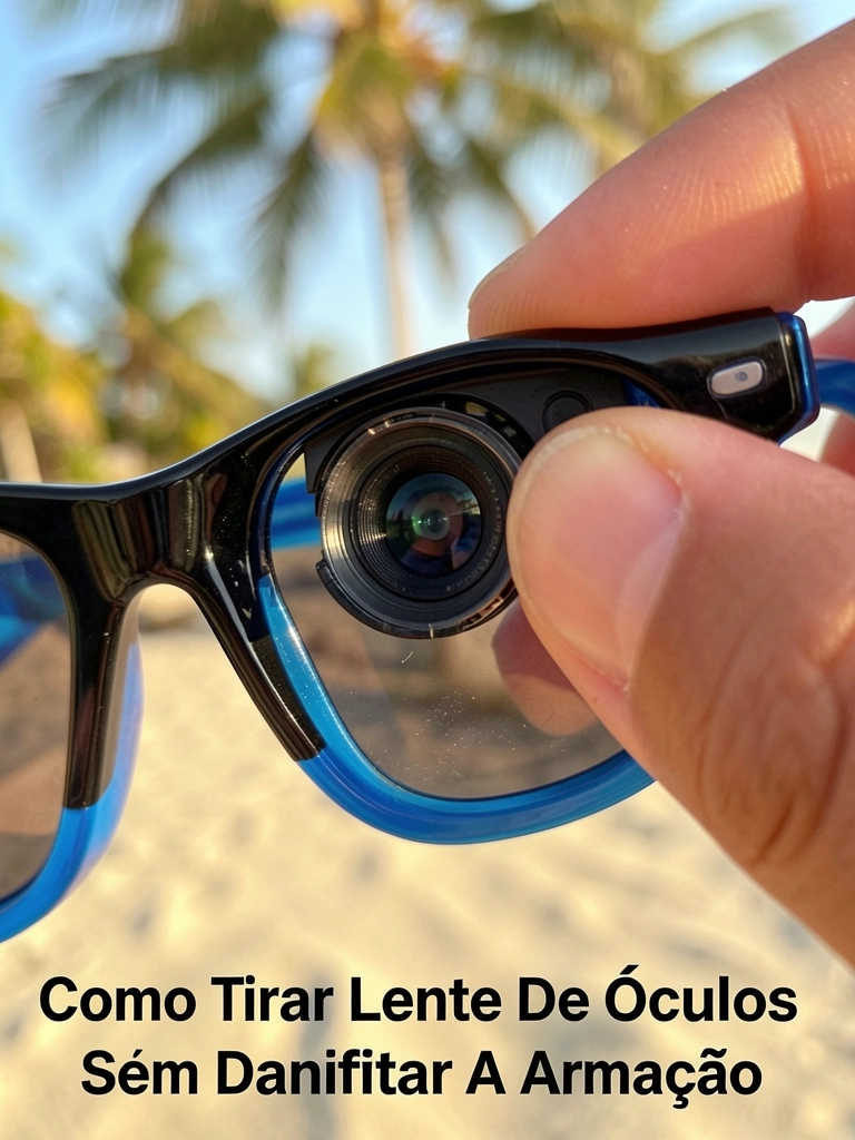 Sunglasses preta e azul com lente sendo removida entre polegar e indicador, luz natural e fundo levemente desfocado.