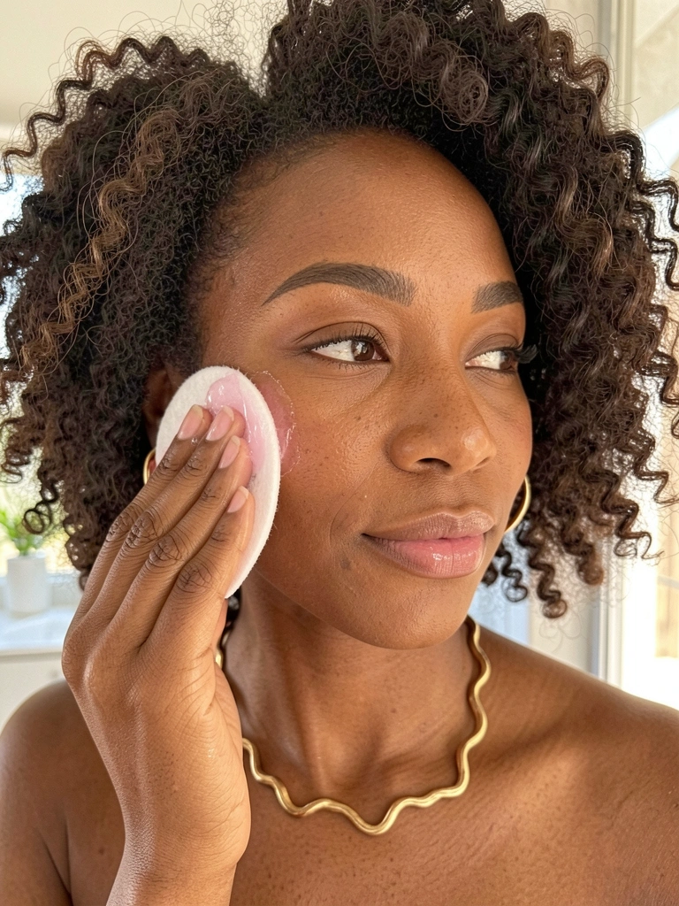 Close-up de uma mulher negra de cabelos crespos volumosos, brincos argola e colar dourados, aplicando algodão com água micelar rosa no rosto sob luz natural suave.