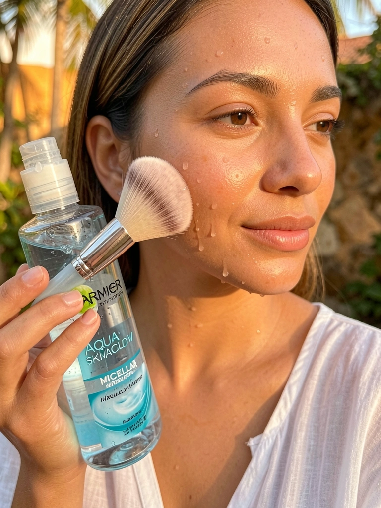 Close de mulher com pele radiante aplicando água micelar com pincel macio, frasco Garnier e gotículas visíveis, luz natural suave.