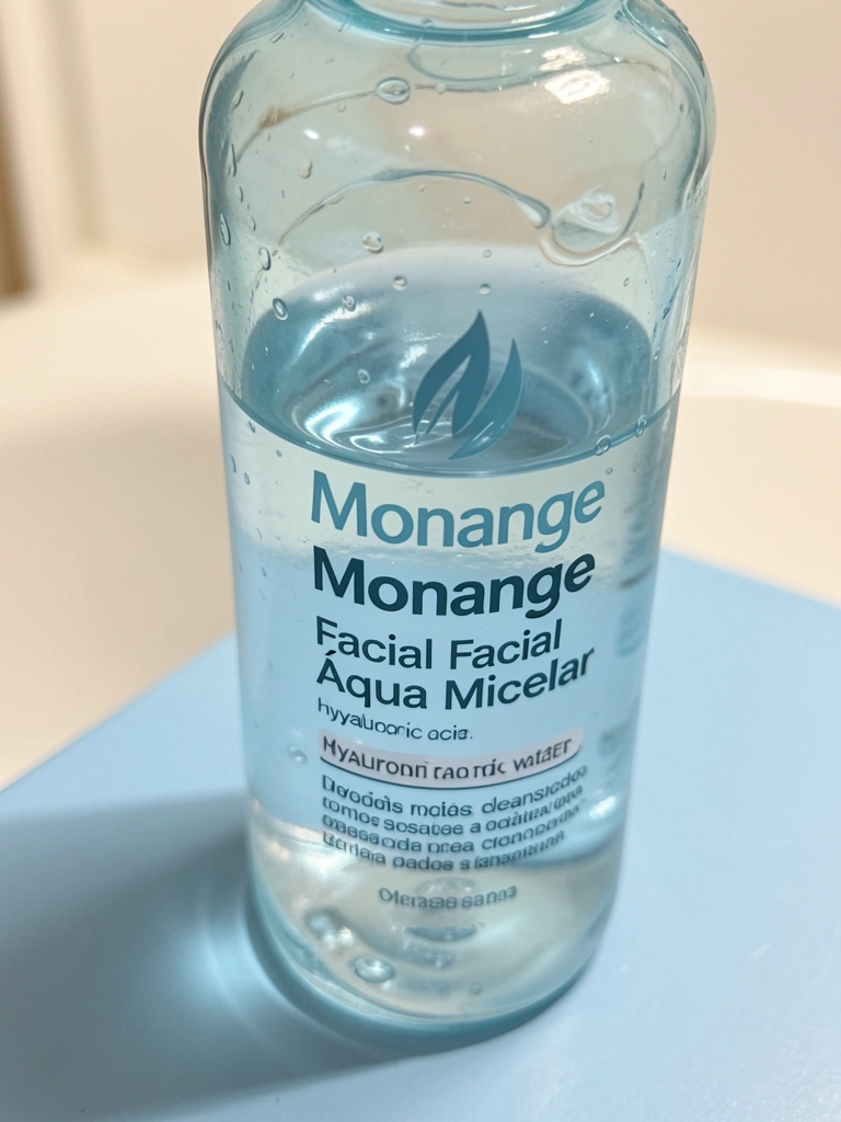 Frasco translúcido azul claro de água micelar Monange com líquido viscoso, reflexos e ondas, sobre superfície azul clara com luz difusa.