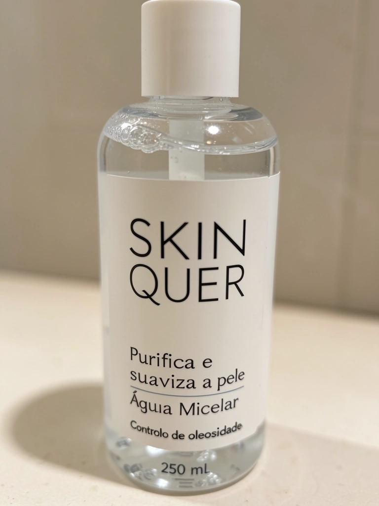 Frasco branco de Skin Quer Água Micelar com líquido transparente, sobre fundo neutro desfocado, textura suave e iluminação natural.