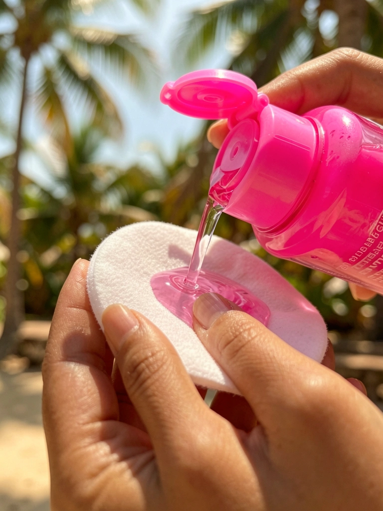 Mãos despejando água micelar rosa em um algodão branco, com gotas brilhantes sob luz natural e fundo desfocado.