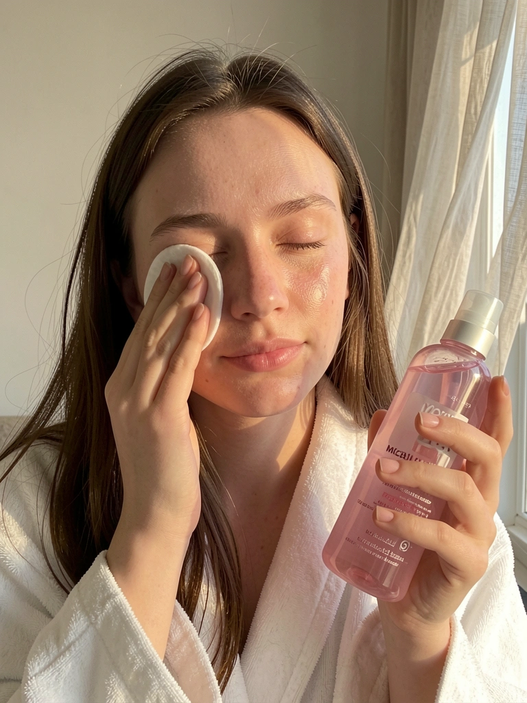 Mulher de roupão branco segurando frasco rosa de água micelar, algodão no rosto, luz natural e cortinas ao fundo.