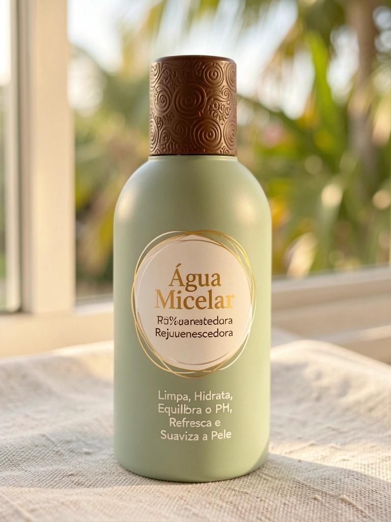 Frasco verde-sálvia de 175ml com tampa marrom texturizada sobre linho claro, luz natural difusa e folhagem desfocada ao fundo.