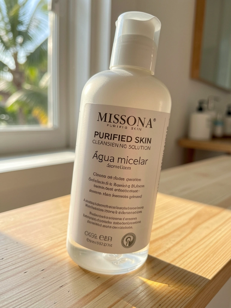 Frasco branco de água micelar levemente inclinado sobre madeira clara, com luz solar difusa criando realces quentes e fundo desfocado.
