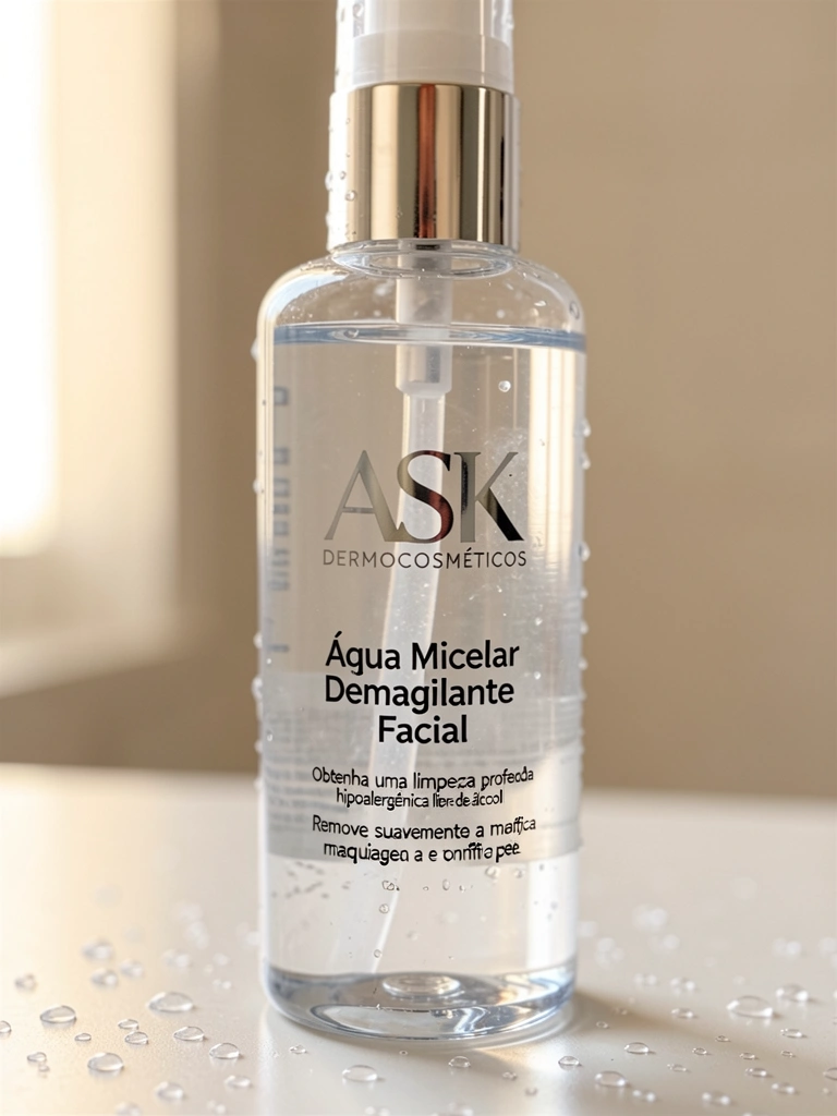 Frasco transparente de água micelar ASK Dermocosméticos refletindo luz difusa, com gotículas d