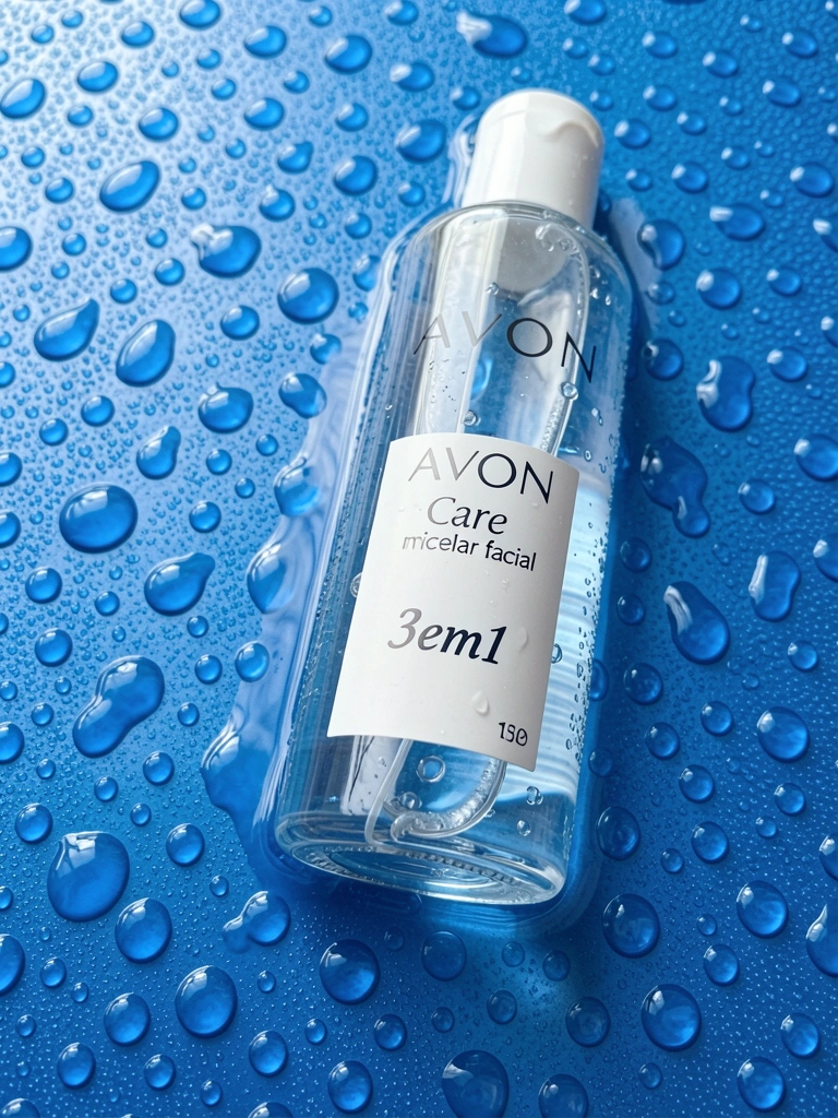 Frasco de água micelar Avon Care parcialmente submerso em líquido azul com textura de gotas, iluminação suave e difusa.