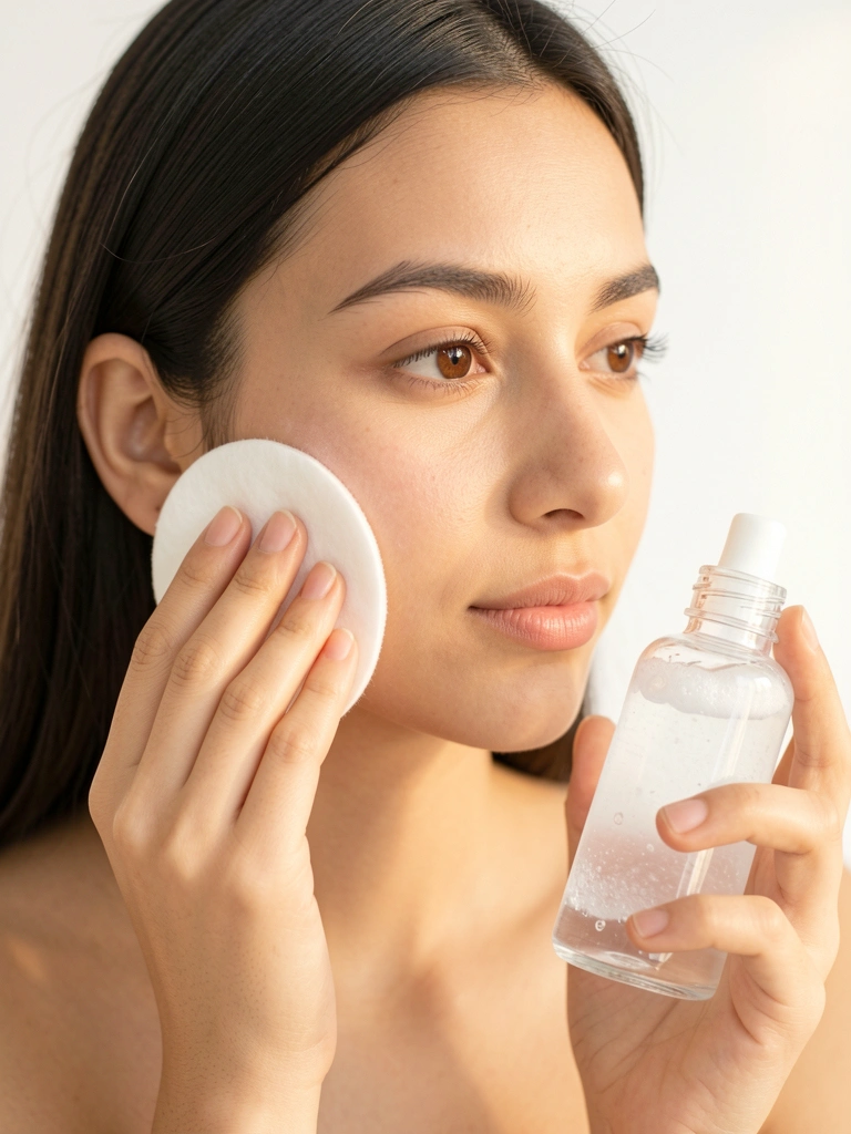 Mão feminina com algodão aplicando água micelar em pele iluminada por luz natural, frasco transparente ao fundo.