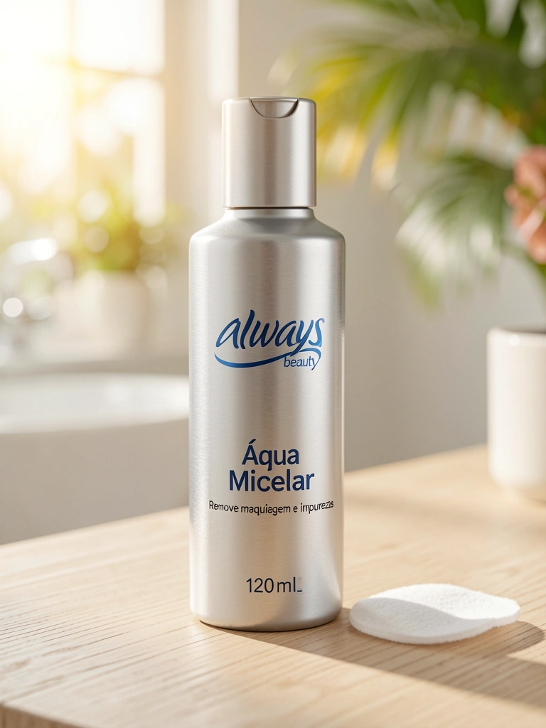 Frasco prateado de 120ml de Água Micelar sobre superfície de madeira clara, com algodão ao lado, luz natural suave e fundo de banheiro desfocado.