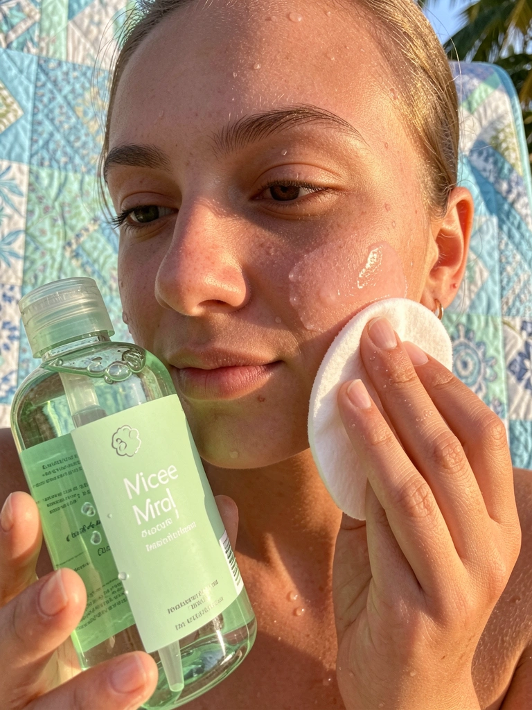 Jovem aplicando água micelar verde com algodão no rosto, pele com gotículas, frasco com rótulo pastel e fundo de colcha azul clara estampada.