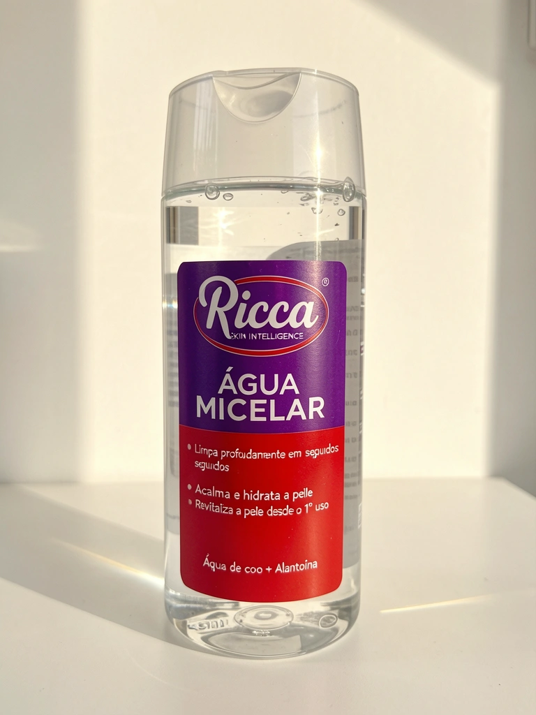 Frasco cilíndrico transparente de Ricca Água Micelar 200ml com rótulo roxo e vermelho, iluminação natural suave criando reflexos internos e sombras sutis.