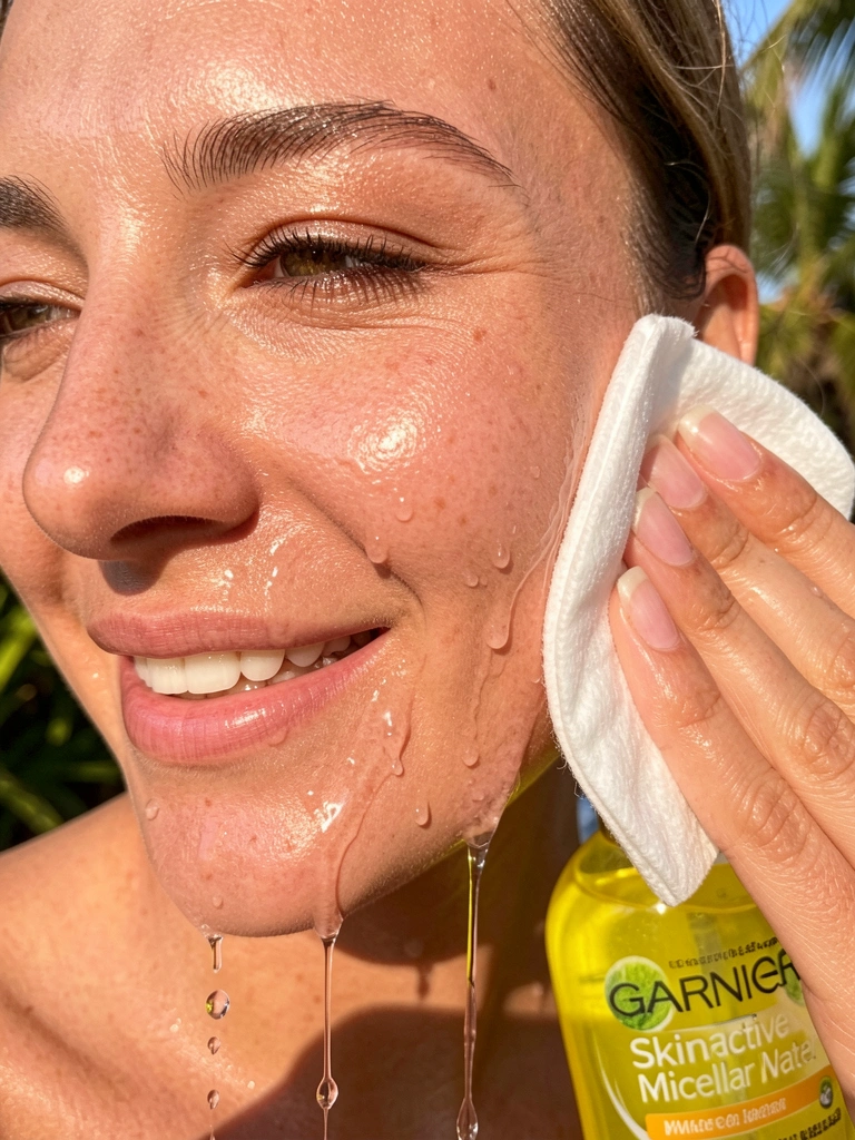 Mulher aplicando água micelar com algodão no rosto, gotas escorrendo, pele radiante, frasco amarelo ao fundo, luz natural tropical.