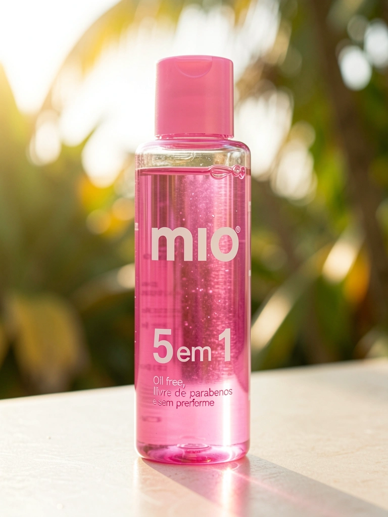 Frasco rosa vibrante de água micelar MIO sobre superfície clara, com luz natural difusa e folhagem tropical desfocada ao fundo.
