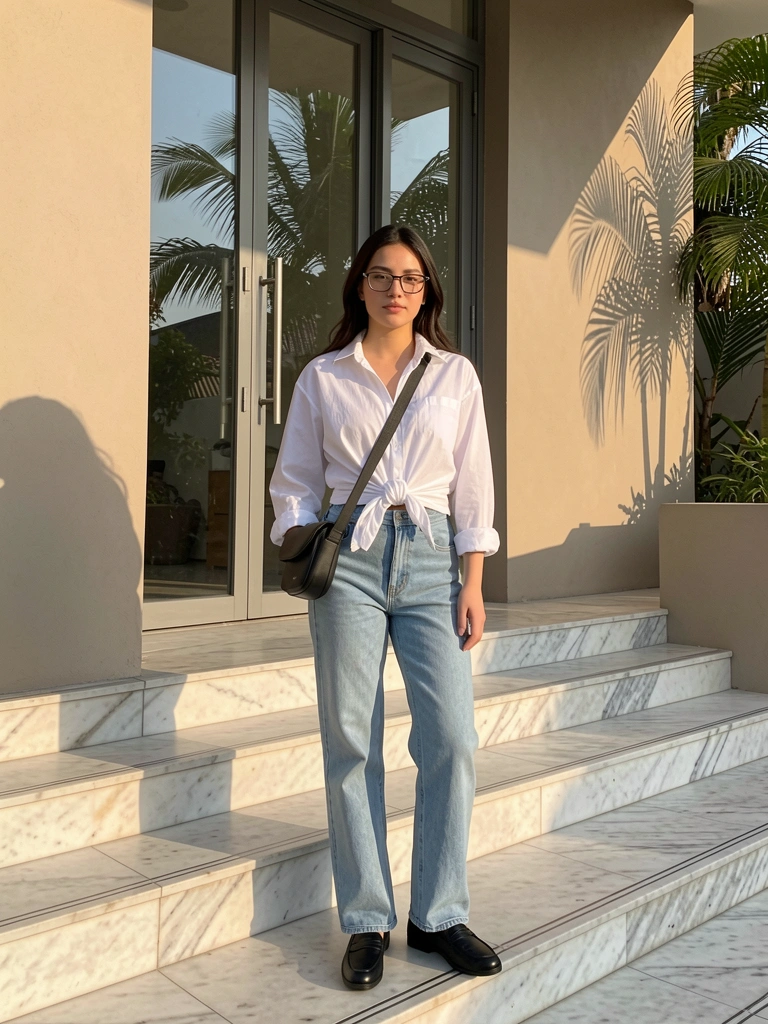 Jovem em camisa branca amarrada na cintura, jeans azul claro e sapatos pretos sobre escada de mármore, com sacola preta a tiracolo e fundo de vidro e parede neutra.