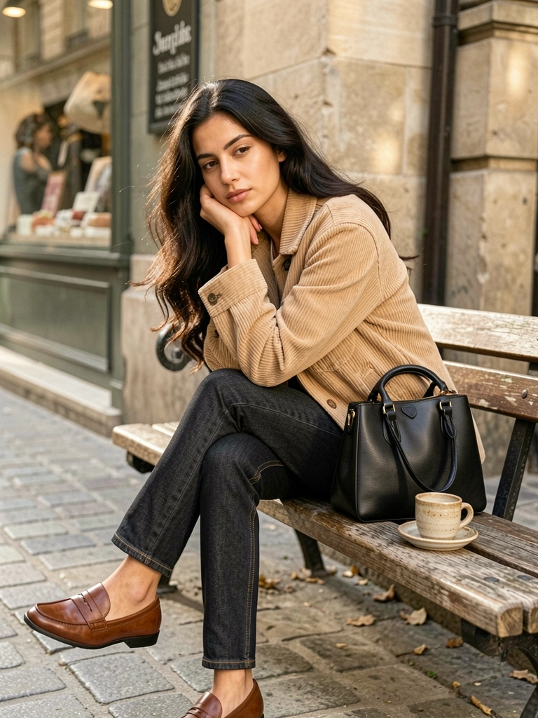 Mulher de jaqueta bege e jeans escuro em banco de madeira, segurando bolsa de couro preta, com xícara de cerâmica ao lado, luz natural e rua parisiense ao fundo.