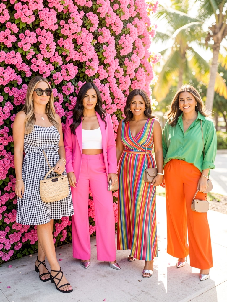 Quatro mulheres em vestidos estampados e ternos coloridos posam contra uma parede de flores rosa, com luz natural e fundo desfocado.