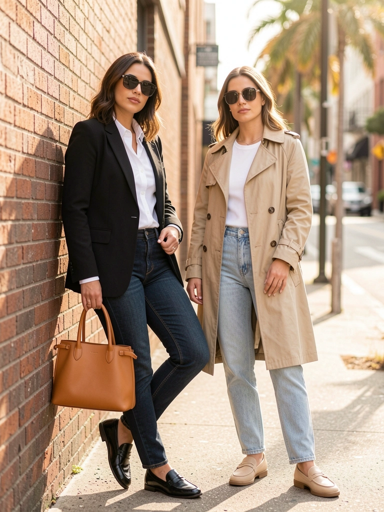 Blazer preto, bolsa marrom e jeans escuro contra parede de tijolos ao ar livre, luz natural de dia.