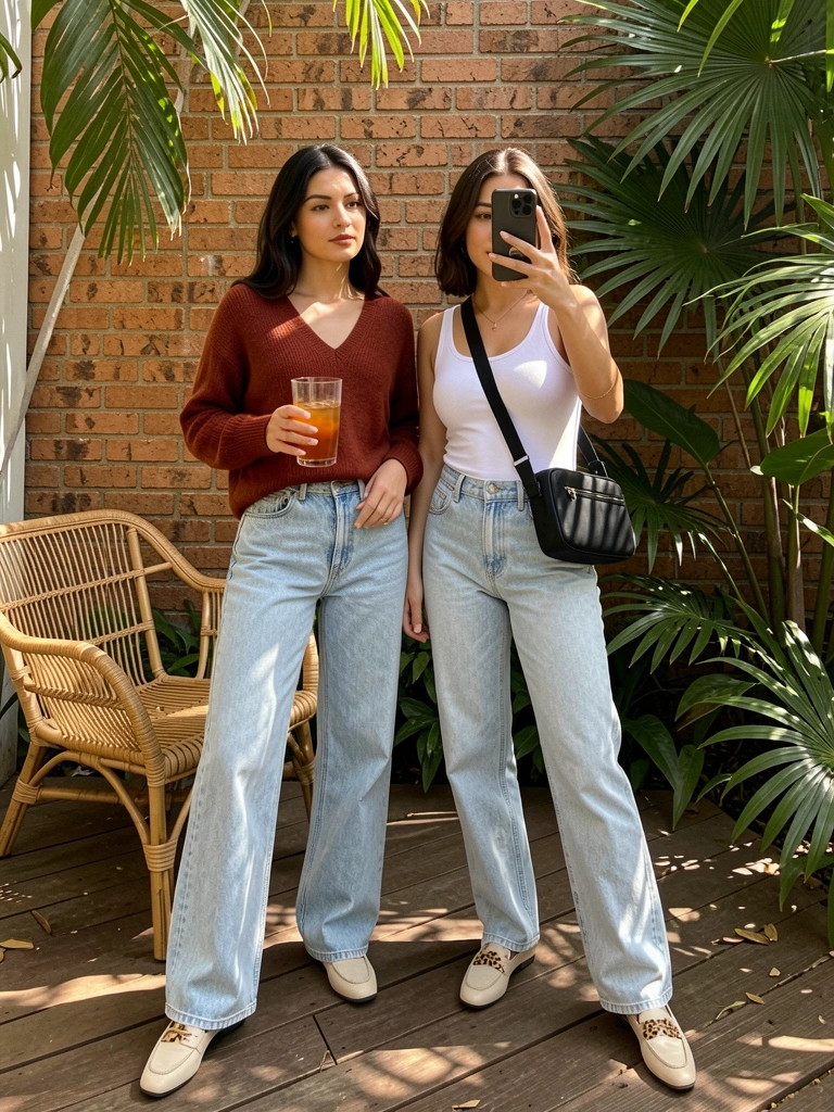 Duas mulheres em pé ao ar livre: uma de suéter vinho e jeans azul claro segura chá gelado; a outra de camiseta branca e jeans de cintura alta tira selfie com bolsa preta. Fundo com parede de tijolos, varanda de madeira, cadeira de vime e folhagem verde. Luz natural tropical.