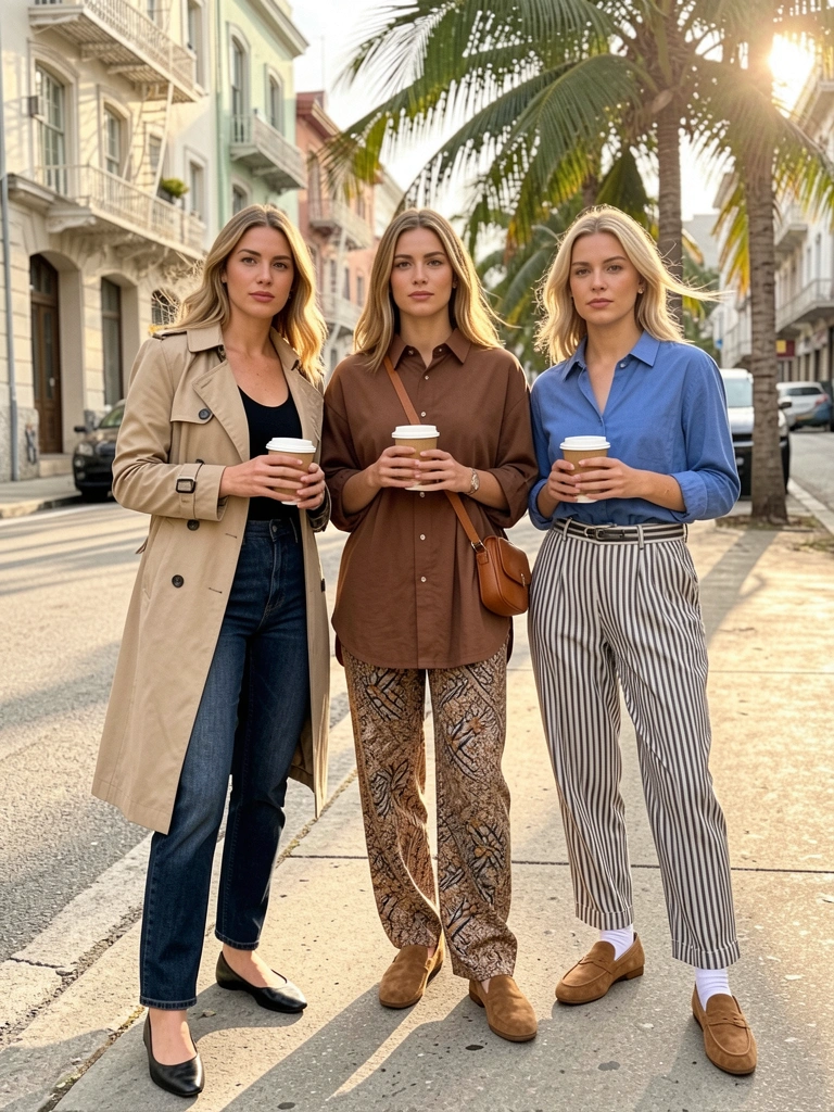 Três mulheres em rua urbana: casaco bege, camisa azul e blusa marrom, segurando café, luz natural e texturas de roupas e sapatos.