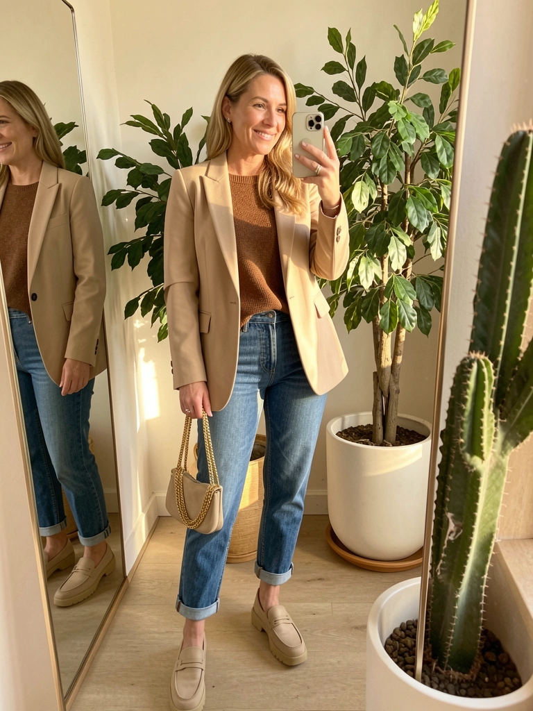 Mulher sorrindo em selfie no espelho com blazer bege, suéter marrom, jeans azul de cintura alta e bolsa dourada; vaso com folhas verdes e cacto ao fundo sob luz natural.