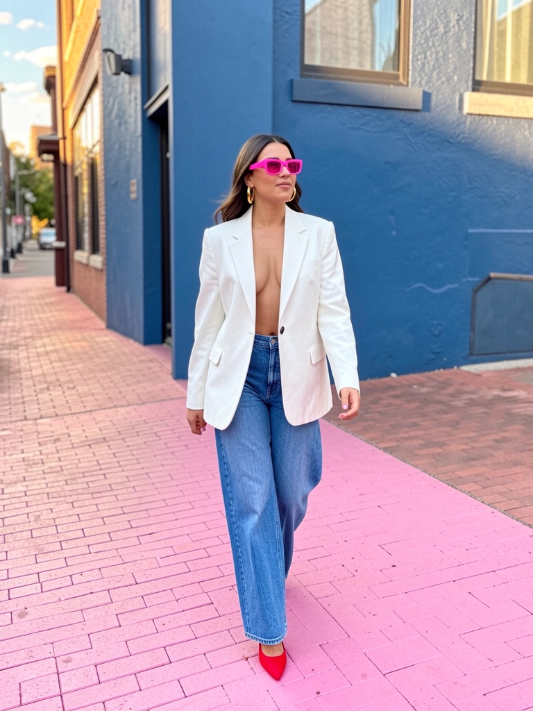 Mulher de blazer branco, jeans azul e saltos vermelhos caminha em calçada rosa, com brincos dourados e óculos rosa, prédio azul ao fundo.