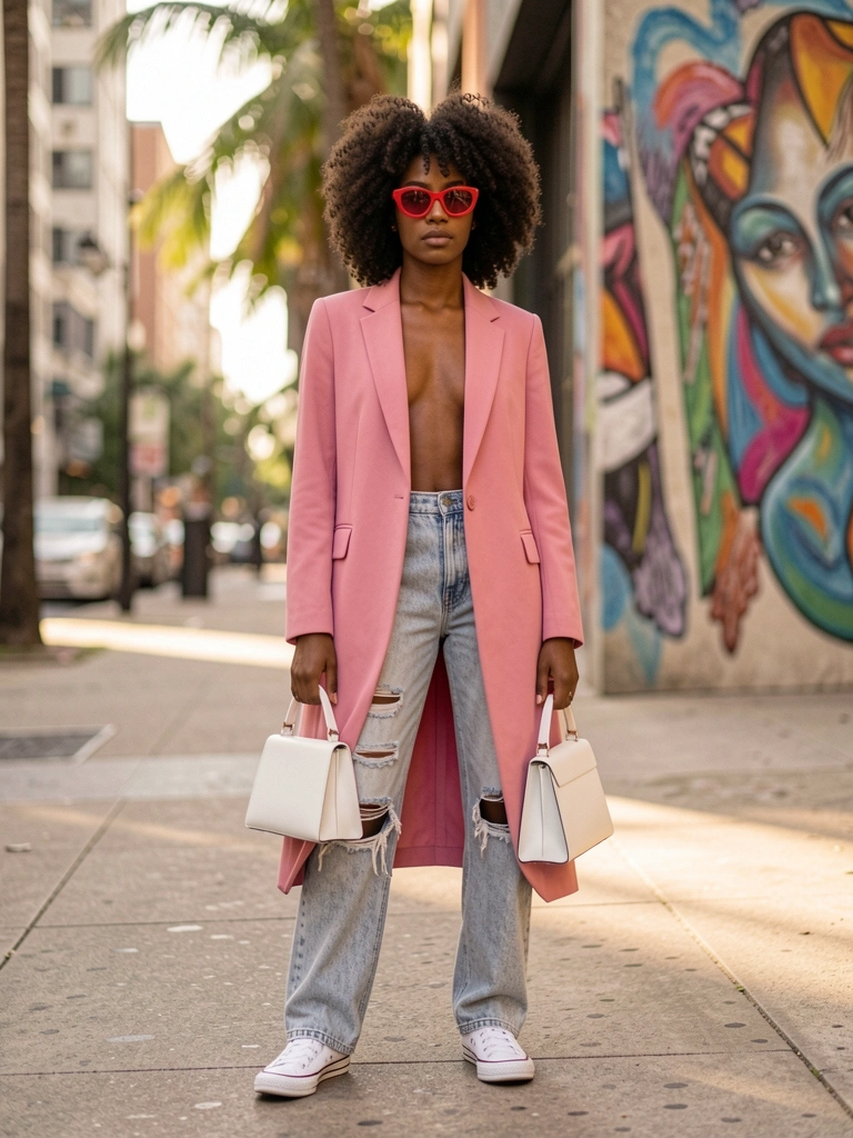 Mulher com cabelo afro volumoso e óculos vermelhos, blazer rosa, calça jeans desgastada e tênis branco, em calçada urbana com prédios ao fundo e luz natural.