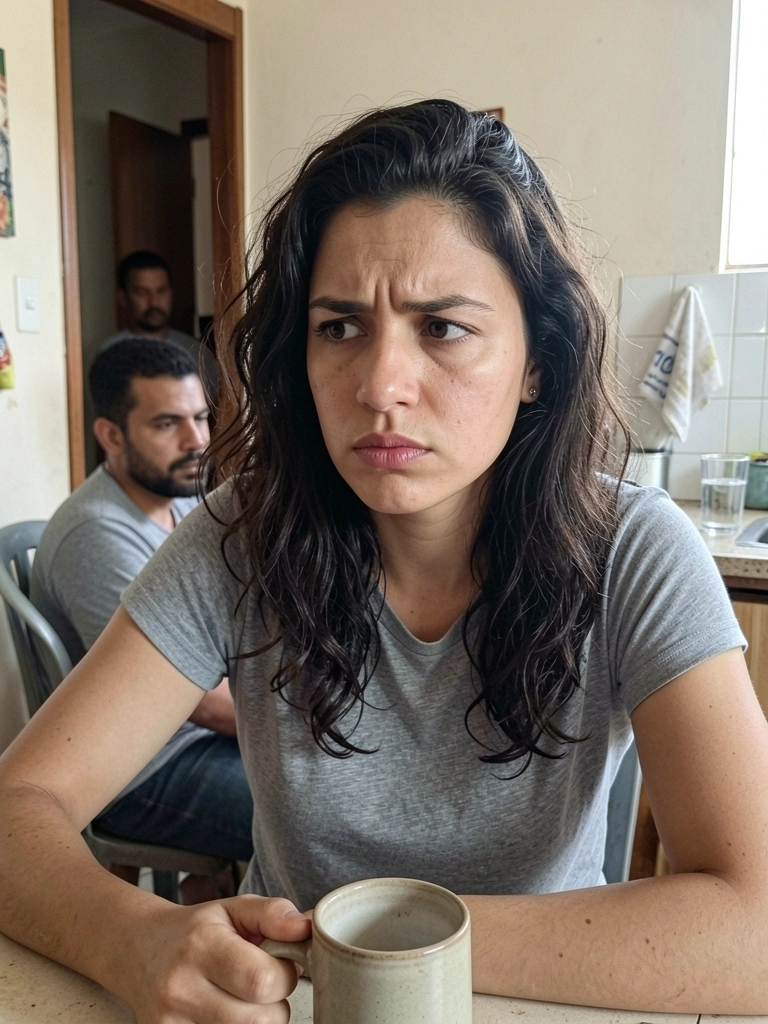 Mulher de expressão séria olhando para o lado, com um homem desfocado ao fundo