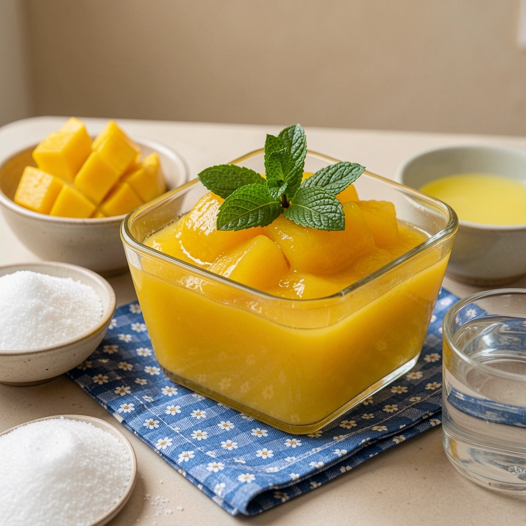 Tigelas de vidro com pedaços de manga, açúcar, suco de limão e água sobre bancada clara