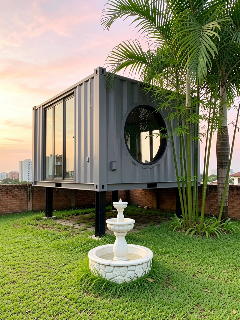 Casa container cinza sobre pilar metálico preto, com janelas amplas e abertura circular, fonte branca com base de pedra, grama verde e palmeira ao lado, fundo com muro de tijolos e céu alaranjado do pôr do sol.
