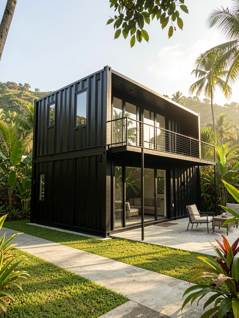 Casa container preta de dois andares com grandes janelas e gramado, vegetação tropical ao fundo sob sol forte.