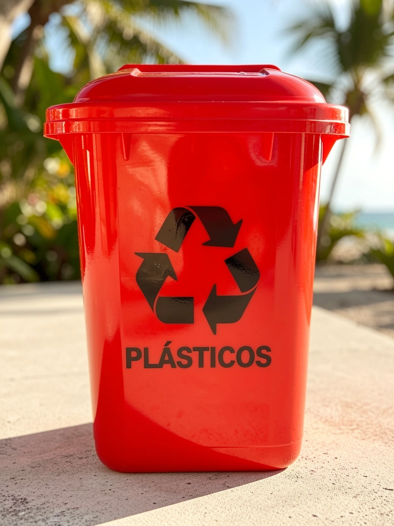 Recipiente plástico vermelho brilhante com símbolo de reciclagem e etiqueta 