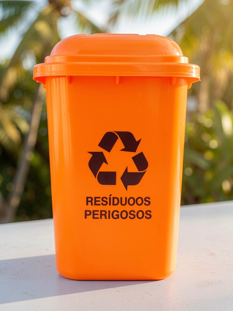 Vibrante cesto de lixo laranja com símbolo de reciclagem e texto 