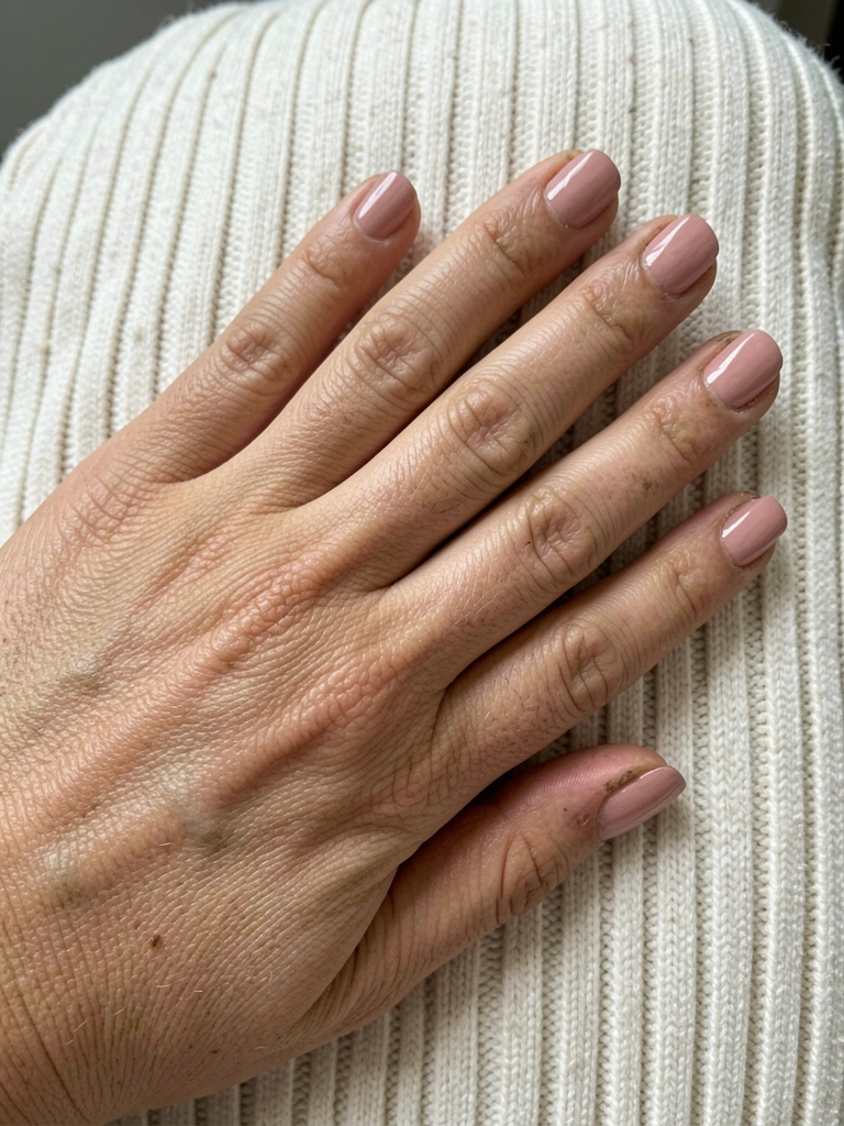 Close de mãos com unhas curtas e esmalte nude rosado sob luz natural