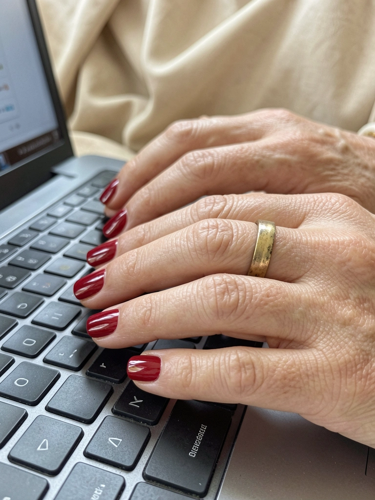 Mãos sobre o teclado de um notebook, com unhas curtas pintadas de vermelho clássico.