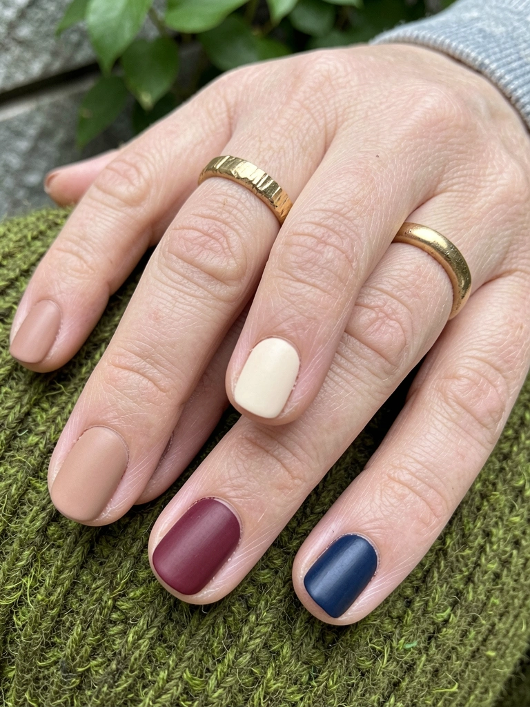 Cinco unhas curtas pintadas em nude, rosa quartzo, baunilha, vinho e azul marinho.