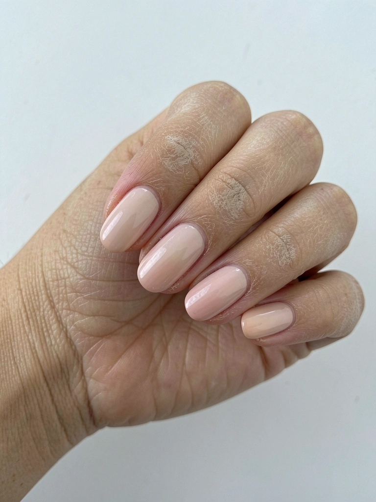 Unhas curtas pintadas com esmalte rosa quartzo leitoso e acabamento brilhante sobre fundo claro